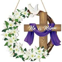Auferstehungs-Osterdekoration, Holzkränze für Eingangstür, Kreuzzeichenschilder für Türen und Wände, christliche Jesus-Lilien-Blumen-Ornamente als Hängekünste für Frühlingsdekoration für Zuhause, Bauernhofparty und Veranda