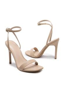 Women Solid Color High Heeled Sandals Open Square Toe Ankle Strap High Stilettos Fashion Wedding Party Club Dance Pumps Sandals - 杏色 - 查看 5