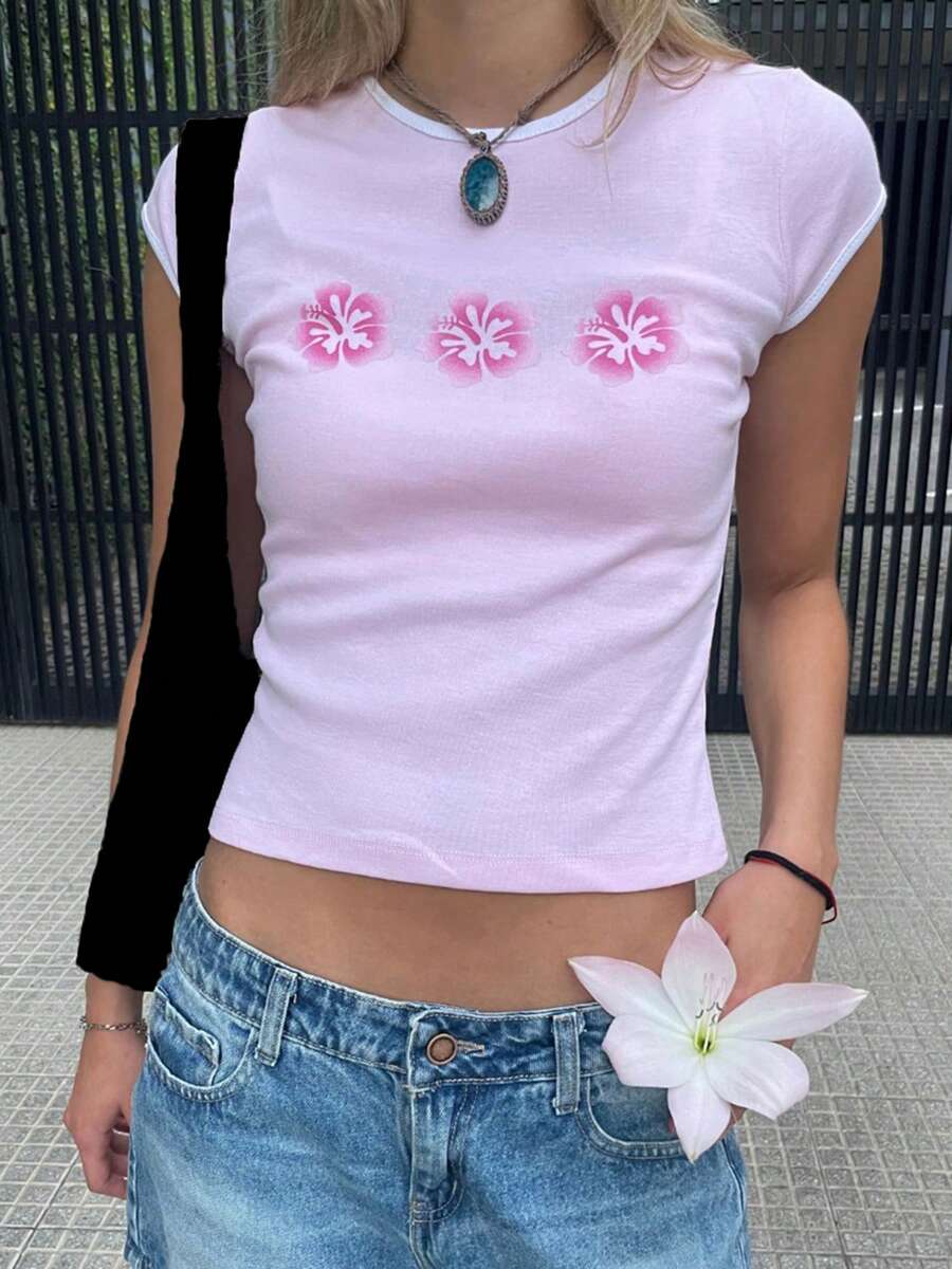 Graphic Crop Tops For Women Y2k Short Sleeve Slim Fit T Shirts Floral/Croissant Round Neck Graphic Prined Baby Tees For Teen Girls Summer Cute Casual Tops Preppy Aesthetic Clothes Streetwear Clubwear - 粉色 - 查看 1