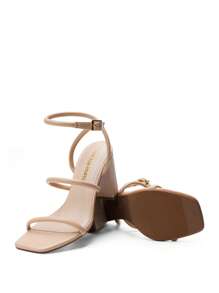 Women Chunky High Heeled Sandals Square Open Toe Rhinestone Decor Strappy Ankle Strap High Heeled Sandals For Wedding Party Valentine's Day - 杏色 - 查看 2