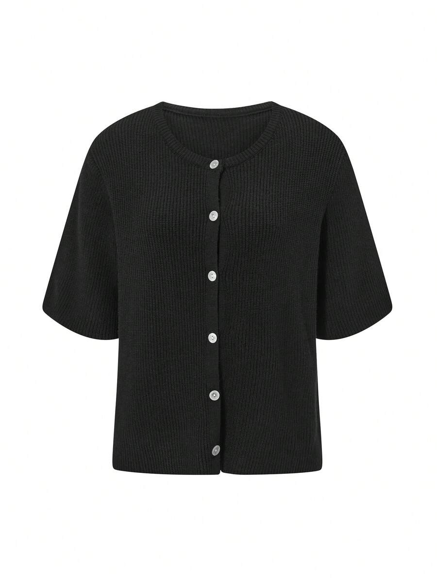 Women's Knit Cardigan Half Sleeve Round Neck Solid Color Button Up Knitwear - màu đen - Xem 1