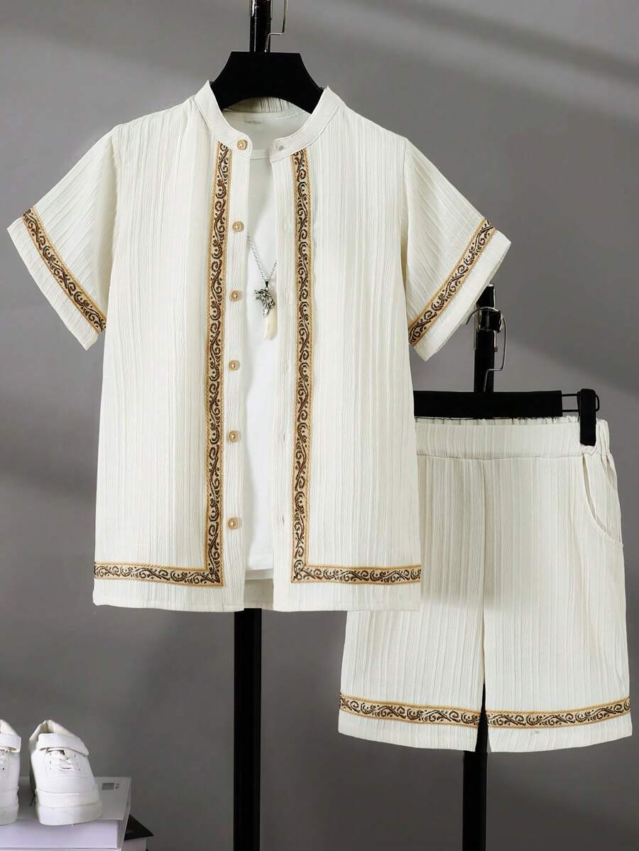 2pcs Boys' Summer Floral Print Stand Collar Shirt And Shorts Casual Outfit Set With Pockets (No Inner White T-Shirt) - Beige - View 1