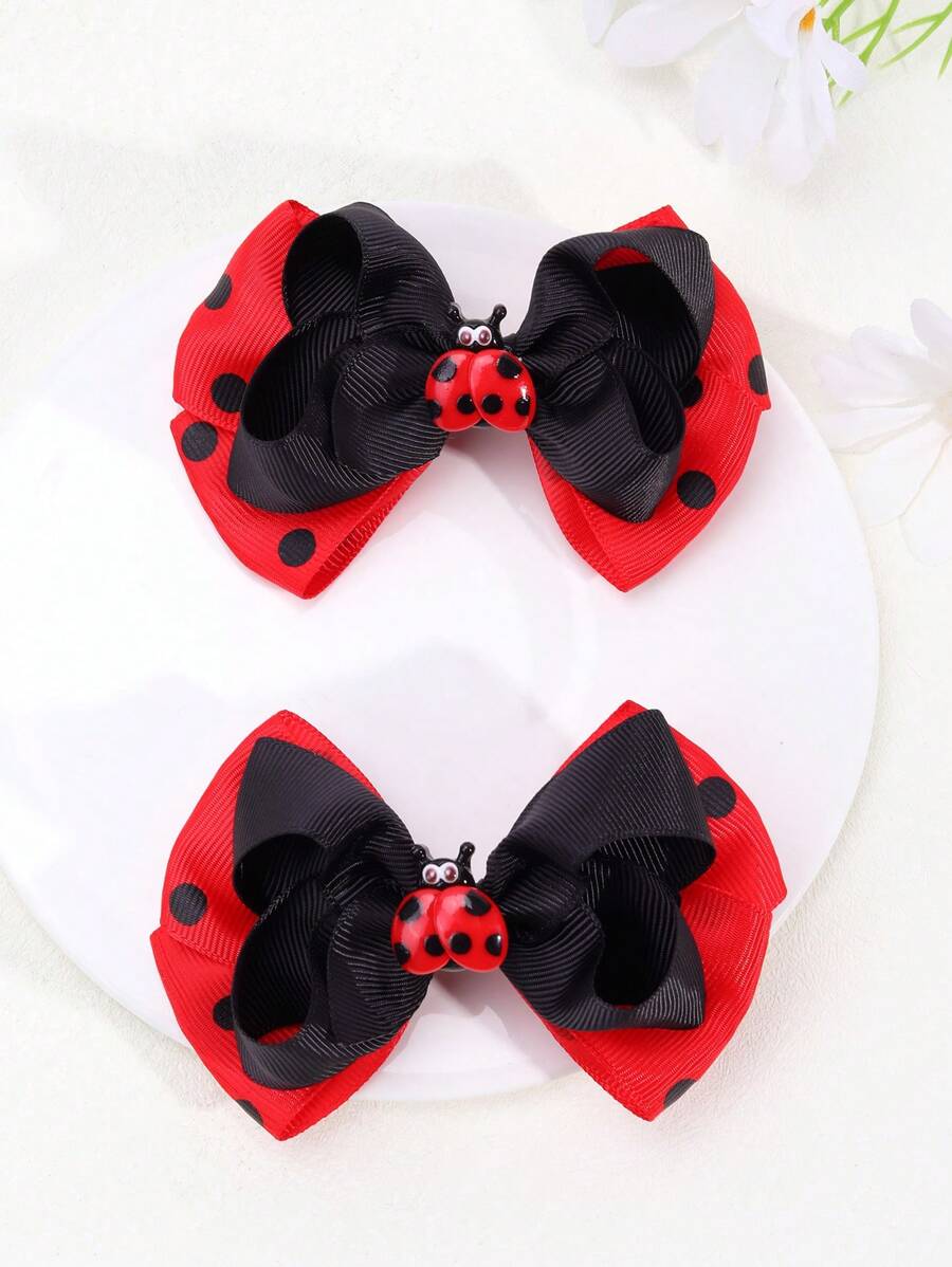 2pcs Ladybug & Glitter Bow Hair Clips, Cute Girls Hair Accessories - Multicolor - View 1