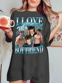 Personalized Apparel, Women's Graphic T-Shirts, Customized Photo "I Love My Girlfriend/Boyfriend" Valentine's Day Shirts, Gift For Girlfriend/Wife, Y2K Aesthetic T-Shirts, Valentine's Day Gifts Add Your Own Text And Images (Family Photos/Selfies/Pet Photos/Friend Photos) To Design Your Personalized Printed T-Shirts Customized I Love T-Shirts, Customized I Love Photo Shirts - Dark Grey - View 3