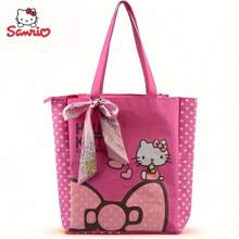 Sanrio حقيبة كانفاس واسعة السعة مع بطانة نايلون، بتصميم نقطي، بطبعات كرتونية أنمي جذابة، بسحاب إغلاق، سهلة العناية، حقيبة كتف عصرية