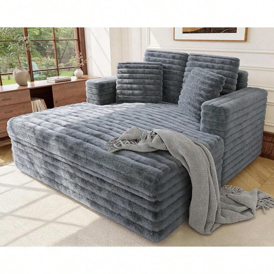 53 Inch Oversized Chaise Lounge, Upholstered Sofa Bed With Throw Pillows And Armrests, Sleeper Chair- Comfy Chair Bed For Living Room, Grey - 灰色 - 查看 1