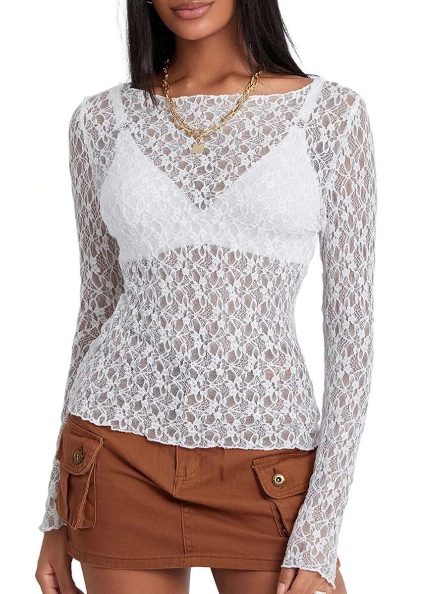 Women's Summer Sheer Crop Tops Long Sleeve Fitted Short Lace Going Out Tops For Party - White - View 1