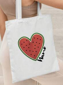 1pc Personalized Custom Name Watermelon Heart Canvas Tote Bag, Large Capacity Shoulder Bag For Women, Reusable Shopping Bag, Washable, Suitable For Travel And Daily Commuting, A Must-Have For Summer Beach Vacation