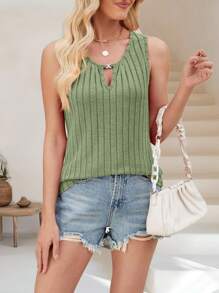 Women's V Neck Cut Out Tank Sleeveless Vest Top Shirts - Green - View 2
