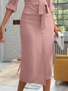 Spring Elegant Women's Shirt Long Dress Summer Solid Lapel Single Breasted Lady Long Sleeve Cinched Waist Strap Temperament Slit Dress Commuter - 粉色 - 查看 2