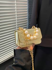 1pc Crocodile Pattern Jelly Bag Children's Handbag Coin Purse Pearl Crossbody Small Bag, Exquisite And Fashionable Pearl Handbag Small Square Bag, Suitable For Girls To Go Shopping, Daily Use, Attend Parties, Sweet And Cute Princess Style Crossbody Chain Bag, Pearl Handbag Chain Shoulder Strap, Magnetic Buckle Flip Closure Opening Method, The Best Choice For Little Girls As A Gift - Pearl Handbag - View 8