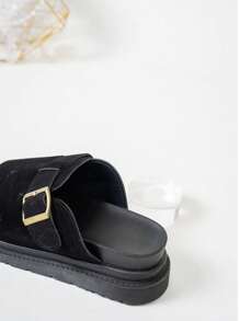 Women's Round Toe Thick Sole Open Toe Suede Slip-On Flat Shoes With Metal Buckle Decoration, Comfortable Casual Versatile Platform Sandals For Daily Wear, Work, School, Music Festival, Beach Party, Dating, Vacation