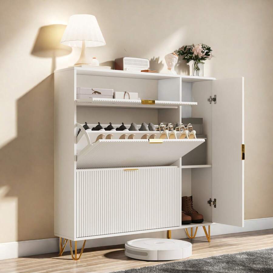 Modern White Wooden Shoe Cabinet For The Entrance Area, Shoe Storage With 2 Folding Drawers, A Top Shelf And A Side Shelf For Boots, Offers Space For Up To 24 Pairs Of Shoes - 白色 - 查看 1