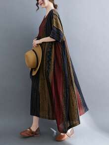 Top, Festival de Primavera Chino, Vestido casual de rayas bohemio de verano 2026, Vestido de mujer, Ropa diaria de talla grande para mujer, Vestido holgado y suelto de cuello redondo y manga ancha de estilo vintage de talla grande para mujer - Rojo - Ver 5