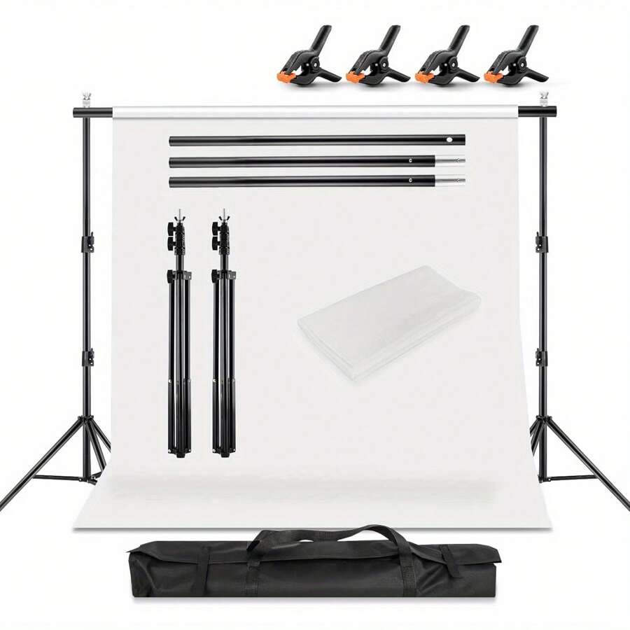 Youyijia Backdrop Stand Kit 2 * 2m(6.5 * 6.5ft) Adjustable Background Support Stand Backdrop Support Kit With 3m X 1.6m White Photography Backdrop Carrying Bag And 4 Clamps - 變體1 - 查看 1