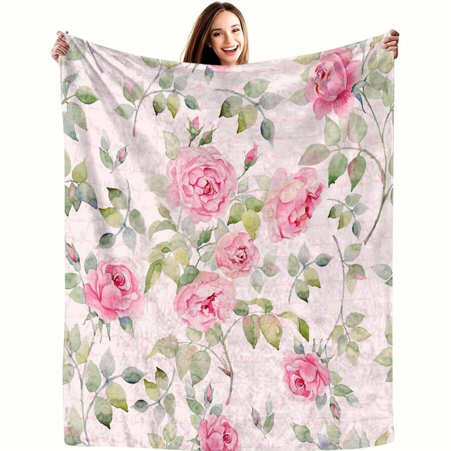 Lodge Style Rose Floral Pattern Soft Flannel Throw Blanket, All Season Comfort Knitted Craftsmanship, Digital Print Polyester Lightweight Cozy Couch Blanket - Colorful - View 1