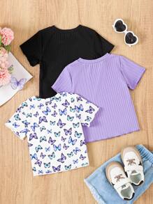 3pcs/Set Baby Girls Casual Cute Butterfly All Over Print Solid Ribbed T-Shirt Set - Black - View 2