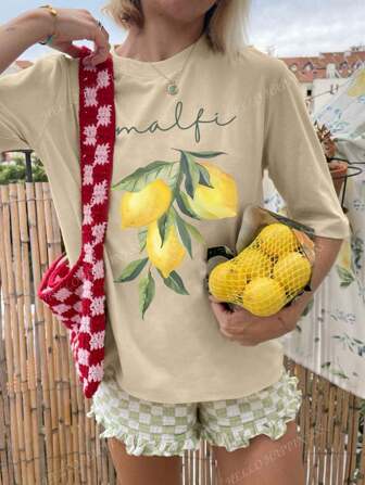 Lemon Print Spring/Summer Khaki Women's Graphic Tees, Beach Country Holiday Girl Green Leaf Yellow Lemon Printing, Elegant Casual Style Girls Fashion Sports T-Shirt, Daily Wear, Short-Sleeved Round Neck Top