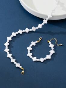 1 Set Fashion Faux Pearl Clover Bracelet & Necklace Set