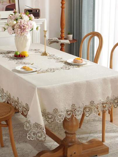 1 pieza Mantel de satén jacquard con encaje soluble en agua, estilo palaciego elegante y minimalista, textura de alta gama, apto para mantel cuadrado, mesa rectangular, cocina, mesa de comedor, escritorio de reuniones, mesa de café, cómoda, pañuelo decorativo, mantel de decoración para el hogar, individual, se puede usar en sala de estar, mesa de café, dormitorio, jardín, muebles interiores y exteriores, campamento, villa, fiesta, decoración de boda. Disponible en varios tamaños de mantel.