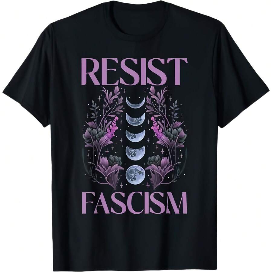 Resist Fascism Moon Phases Floral Design T-Shirt - 黑色 - 查看 1