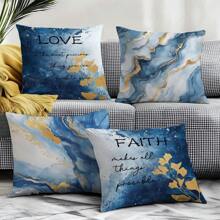 4 pièces Ensemble de taies d'oreiller simples et quotidiennes au motif bleu doré marbré, en tissu velours pêche imprimé sur un côté, 45*45CM/18*18 pouces. Housse de coussin pour décoration de canapé moderne d'intérieur, décoration de fête, cadeau