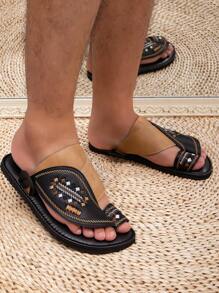 男士平底舒适阿拉伯刺绣/提花一脚蹬凉鞋 - 黑色卡其 - 查看 5