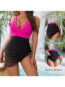 Women Monokini One-Piece Padded Swimsuits Ruched Drawstring Swimdress Beach Bathing Suit Swimwear Bikini - Nhiều màu - Xem 4