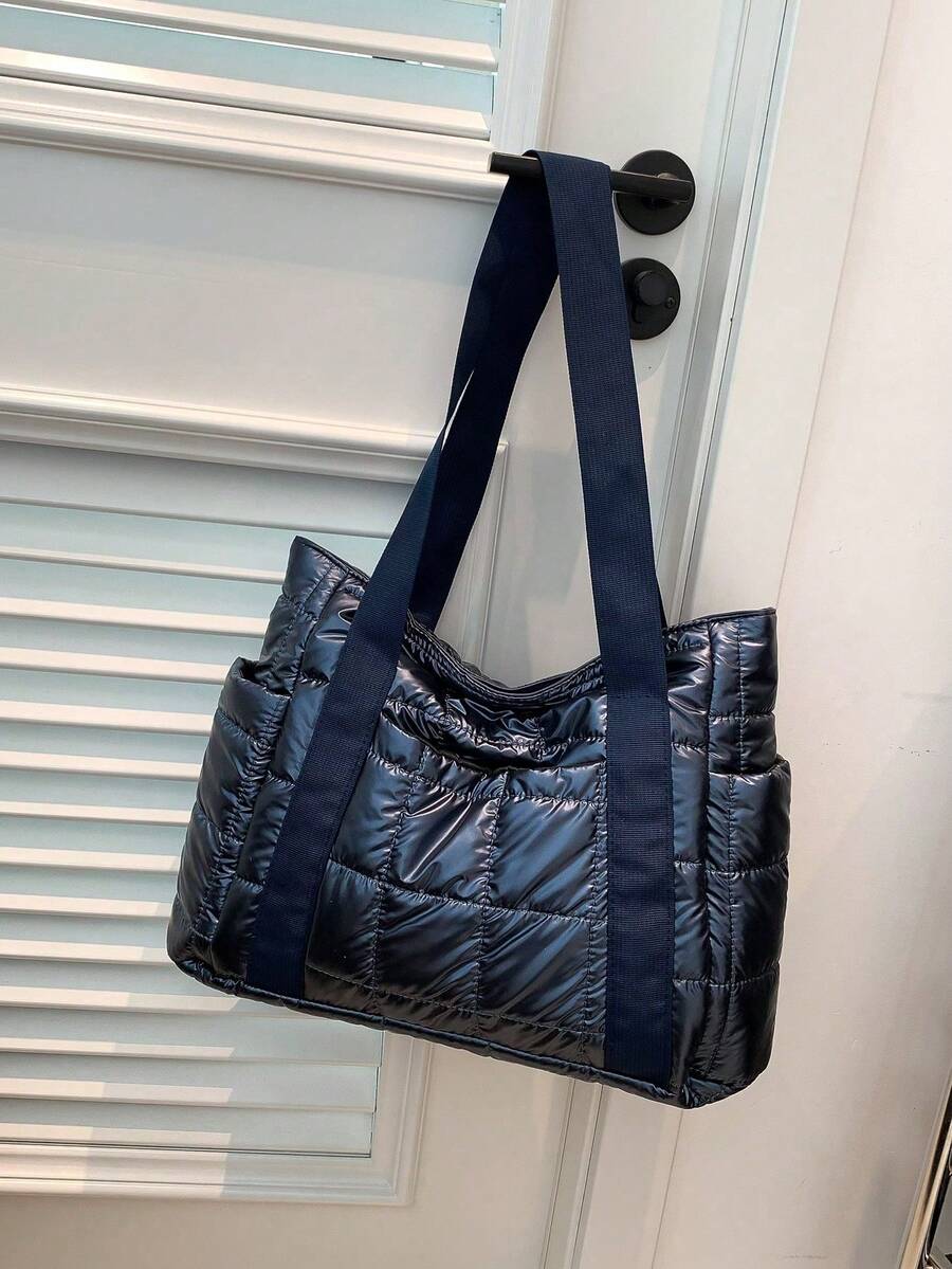 海军蓝极简尼龙刺绣棉质外套,搭配防水多功能多口袋女士工作包,适合女性日常购物、学生上课、辅导以及作为学校手提包使用。 - 藍色 - 查看 1