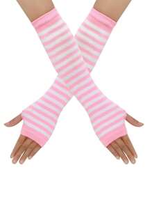 两件套，朋克哥特摇滚长臂保暖针织露指手套拇指孔弹性哥特配饰女士条纹表情手套，兔耳朵头箍，毛绒发饰，适合女性和女孩，可爱兔耳头箍，兔子套装组合，适合派对，复活节，生日派对，表演万圣节