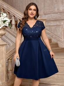 Plus Elegant V-Neck Contrast Sequin Floral Lace Prom Cocktail Party Swing Dress, Wedding Guest Dress, For Birthday, Graduation, Homecoming
