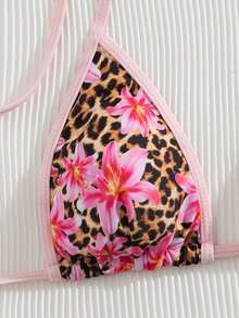 New Floral & Leopard Print Spaghetti Strap Bikini Set, For Summer Beach Vacation