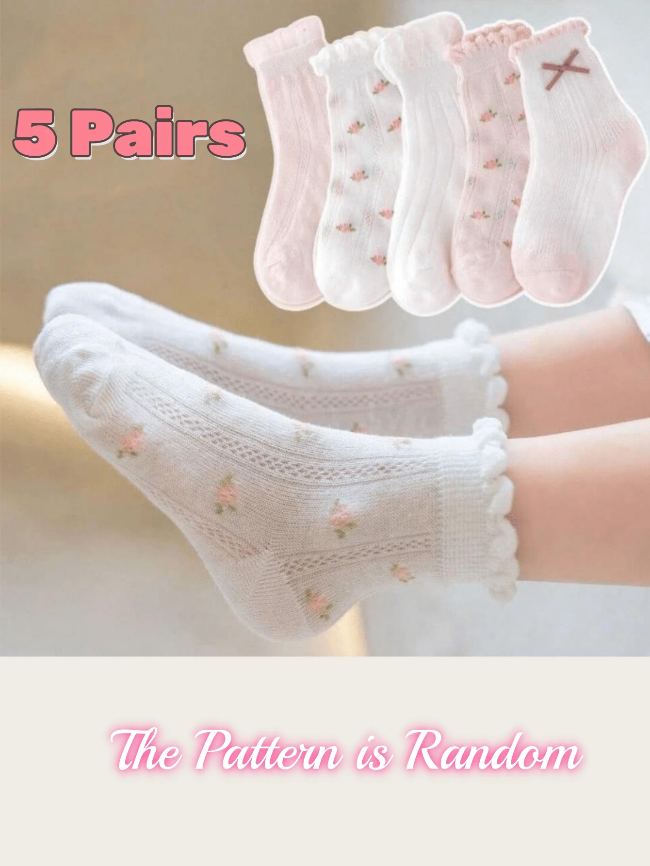 5 双春夏透气网眼可爱粉色花朵和蝴蝶结公主风格女童袜子 - 粉色 - 查看 1