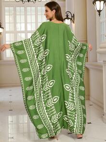 Vestido modesto estilo árabe con estampado floral retro, cuello redondo y manga tipo murciélago para mujer