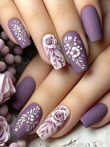 Y2K Update Your Look Long Coffin Nails Tips Matte Press On Acrylic Nails Purple Fashion Gradient Geometry Stripe Flower Leaf Pattern Beauty Simple Style Fake Nails Artificial Finger Manicure False Nails For Women Sweet,Cute,Minimalist,And Elegant Style Nail Art Set With Detachable Fake Nails Patches Suitable For Holiday Wear,Parties,Friends,Dates,Daily Wear