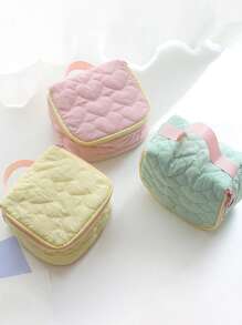 1 pieza Bolsa de maquillaje de lona con diseño de corazón para mujeres, gran capacidad, estilo coreano de moda, estuche con cremallera, bolso de viaje portátil, organizador de artículos de tocador para auriculares, lápiz labial, toallitas sanitarias (el color del tirador de la cremallera es aleatorio)