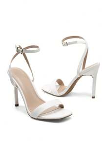 Women Solid Color High Heeled Sandals Open Square Toe Ankle Strap High Stilettos Fashion Wedding Party Club Dance Pumps Sandals - 白色 - 查看 5