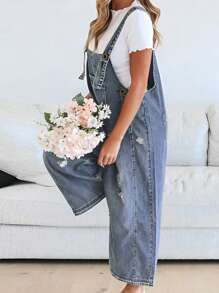 Women Denim Overalls Ripped Jean Jumpsuits Vintage Casual Streetwear Adjustable Strap Baggy Romper With Pockets - 寶藍色 - 查看 3