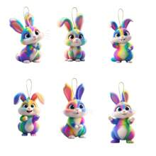6Pcs Car Decorations 2D Flat Acrylic Rabbit Pendant Hanging Decor Colorful Gradient Ornaments Spring Hanging Ornament For Party Home Decoration Indoor Supplies