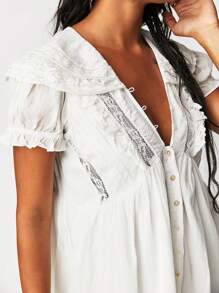 Women's 2025 Summer Short Sleeve Casual Short Mini Dresses Lace Patchwork Hem V Neck A-Line Sundress - White - View 10