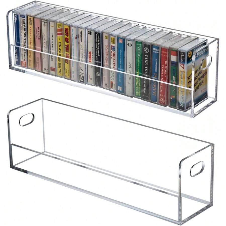 MyGift Modern Premium Clear Acrylic Compact Cassettes Holder With Cutout Carrying Handles, Retro Audio Cassette Media Deck Tapes Storage Crate Display Rack