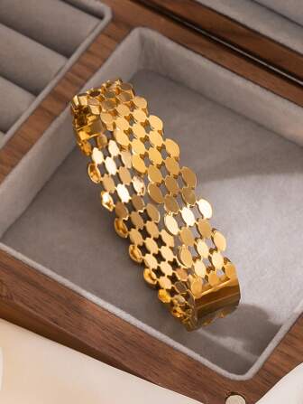 18K 镀金不锈钢蜂窝设计手链可叠戴简约珠宝适合日常和派对闪亮手镯