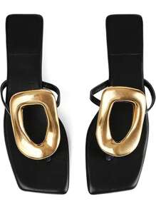 Gold Metallic Women Sandals Square Toe Hardware T-Strap Flats Metal Fashion Casual Dress Flip Flop Slides Woman - 黑色 - 查看 5