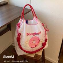 Ladies' Tote Bag Fashion Shoulder Bag Nylon Fabric Embroidered Doughnut Lightweight Foldable Handbag, Large Capacity Crossbody Bag Suitable For Commuting, Travel, Leisure, Gym, Holiday Gift