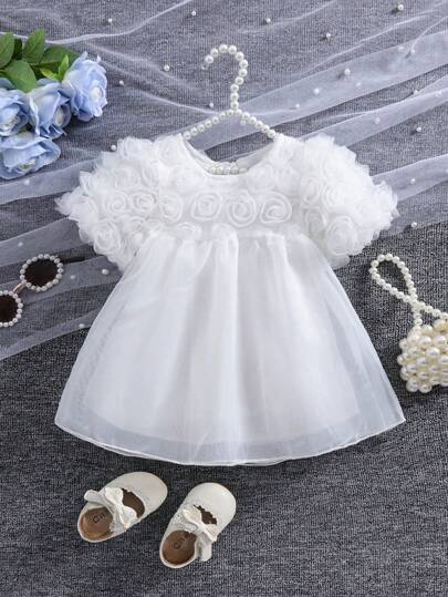 1pc Lace & Mesh 3D Rose Flower Dress, Loose Fitting Puffy Sleeve Party Dress For Baby Girl, Summer Wedding & Birthday Occasion