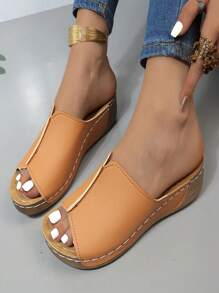 Plus Size Women Fashion Casual Wedge Heel Holiday Slippers - Brown - View 3