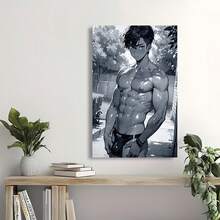 Framed Canvas Wall Art Featuring A Strong Male Anatomy, A Shy Young Man, And Anime Style In Black And White Minimalism - A Large Canvas Print Suitable For Gifting, Perfect For Bedrooms, Offices, Living Rooms, Cafes, And Bars. Birthday Party Decor, Mother's Day New Year Easter Gift,  Home Living Room Office Wall Decor, Perfect Gift And Wall Decoration - Framed - View 5