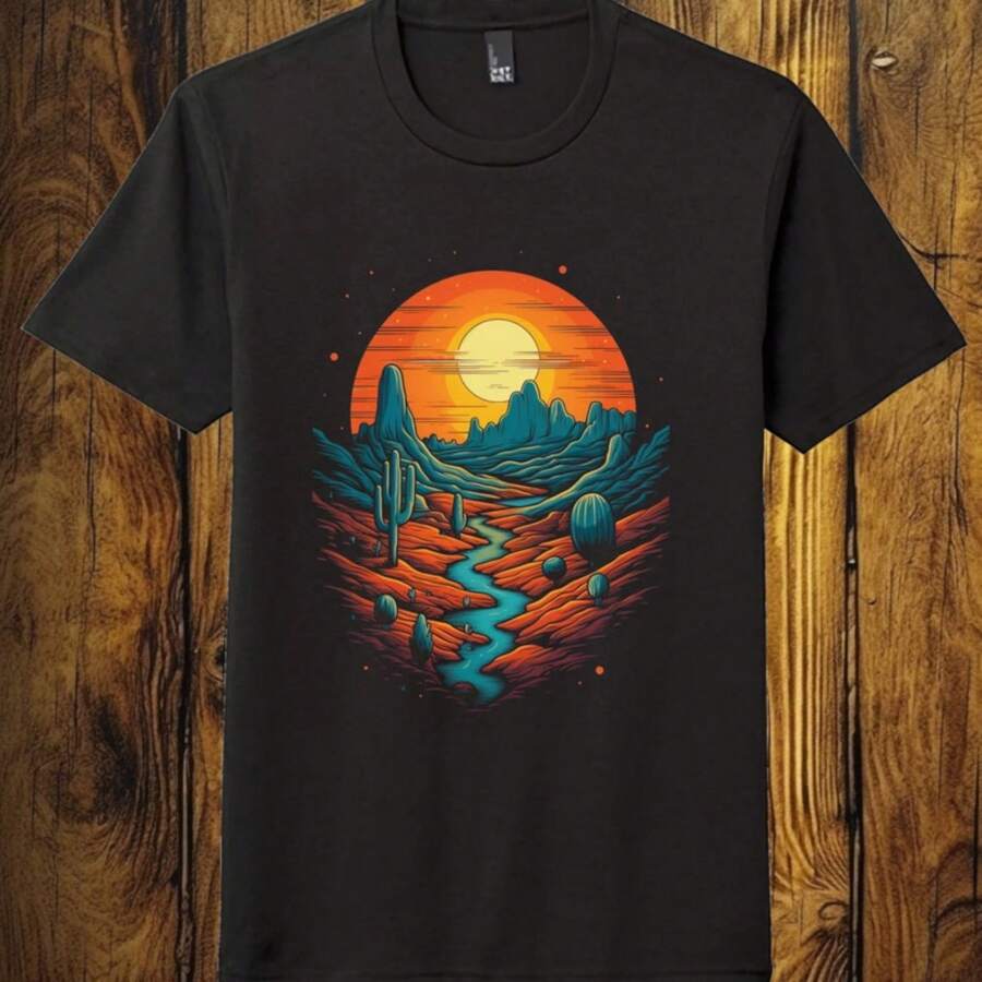 Sunset Desert Mountain Outdoors Graphic TShirt  Unisex Soft Shirt - Black - View 1
