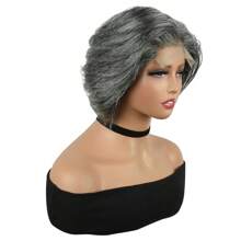 短款精灵短发假发 灰白相间 100% 雷米真人发 4x4 蕾丝前假发 透明蕾丝假发 高清蕾丝灰色假发 送给妈妈的礼物