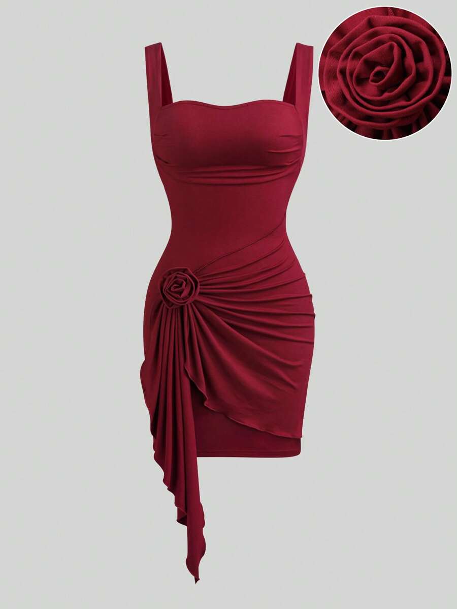 Vestido mini sexy con arruga en forma de rosa para mujer, de alta calidad y en color rojo que estiliza la figura - Rojo - Ver 1